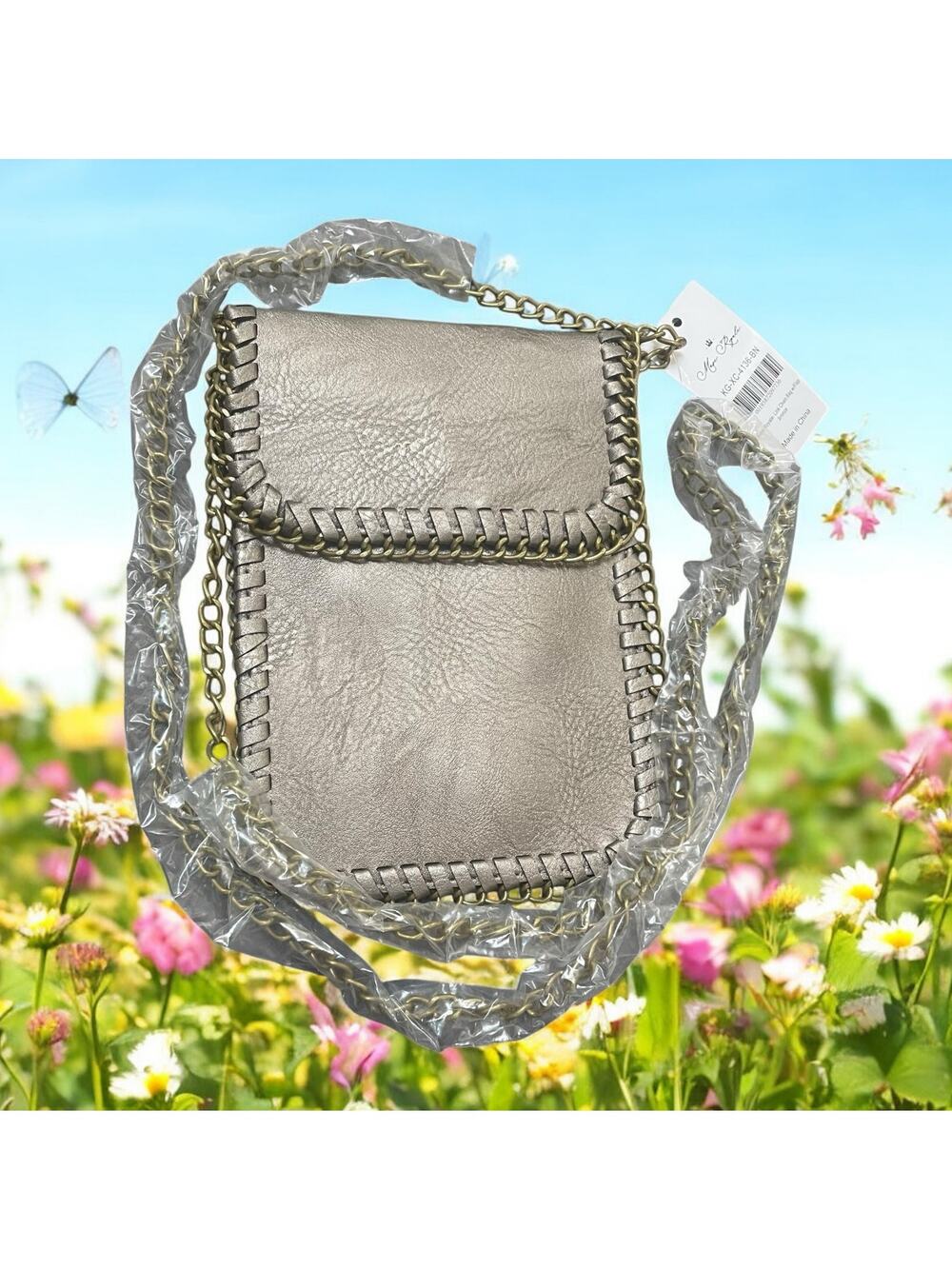 Muse Royale Bronze Metallic Crossbody Mini Bag Link Chain Flap Top Faux Leather